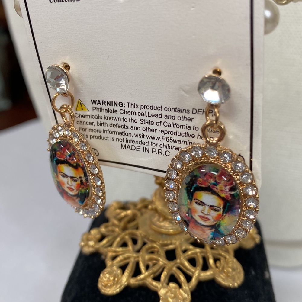 Frida Khalo drop style dangling earrings rhinestones - Picture 2 of 5